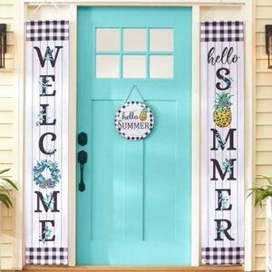 H318-NEW Pineapple Hello Summer -2 Poly Door Banners  & 1 Wooden Sign